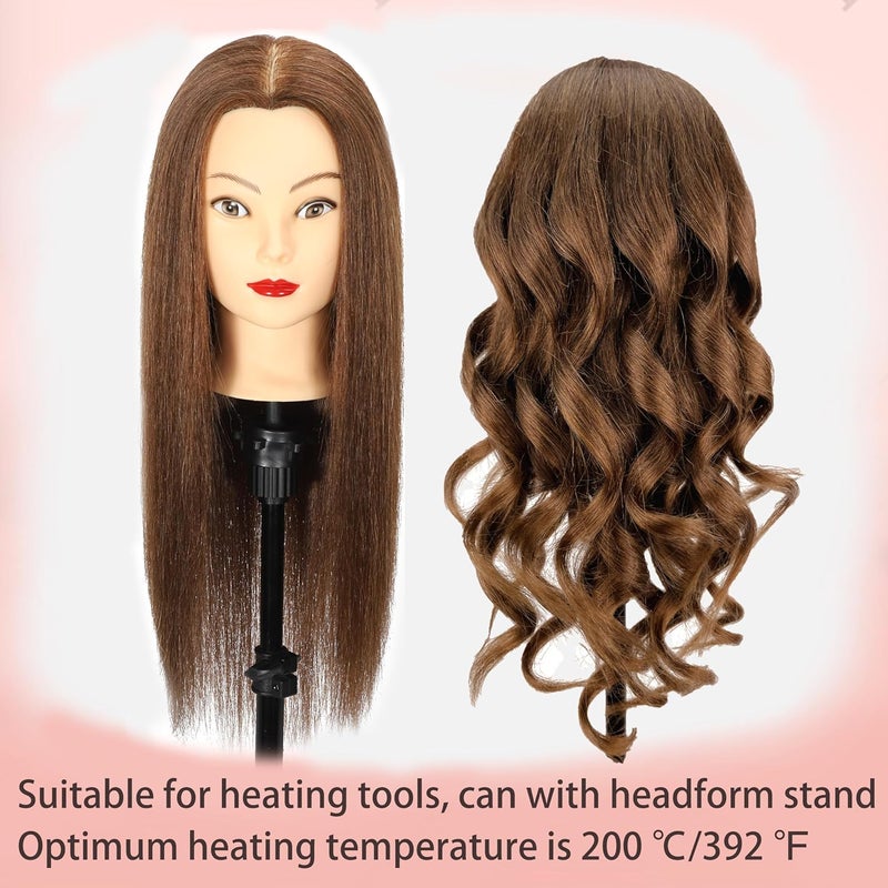 simnient Mannequin Head with 100% Real Hair, 20"Nature Brown Cosmetology Manikin Head Hair Styling Hairdressing Practice Styling Training Doll Heads with Clamp Holder clips and comb - Image 3